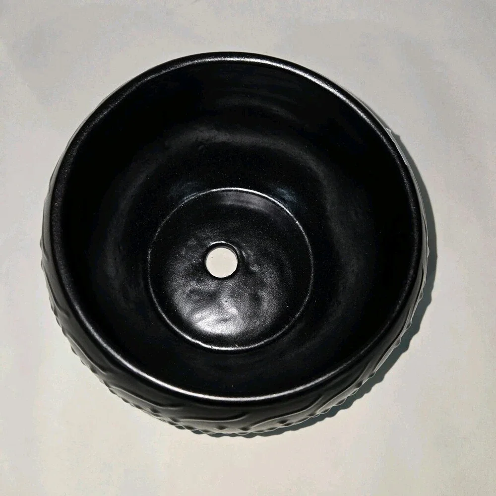 Black Round Planter 7 X 5 Inches Tall Hand Painted Mexican Art Clay Pot